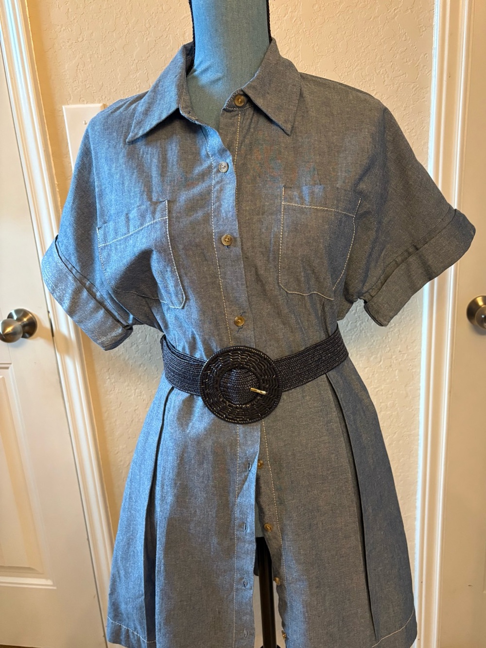 Banana Republic Blue Chambray Short-Sleeve Belted Midi Dress - Picture 6 of 9